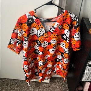 Halloween Themed T-Shirt with Pumpkin and Skull Print